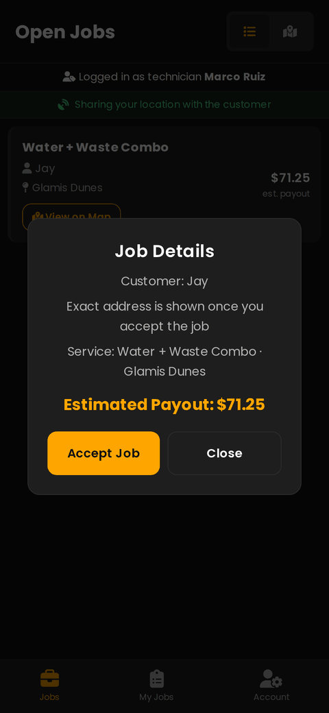 Tap a job to see the site, photos and pay