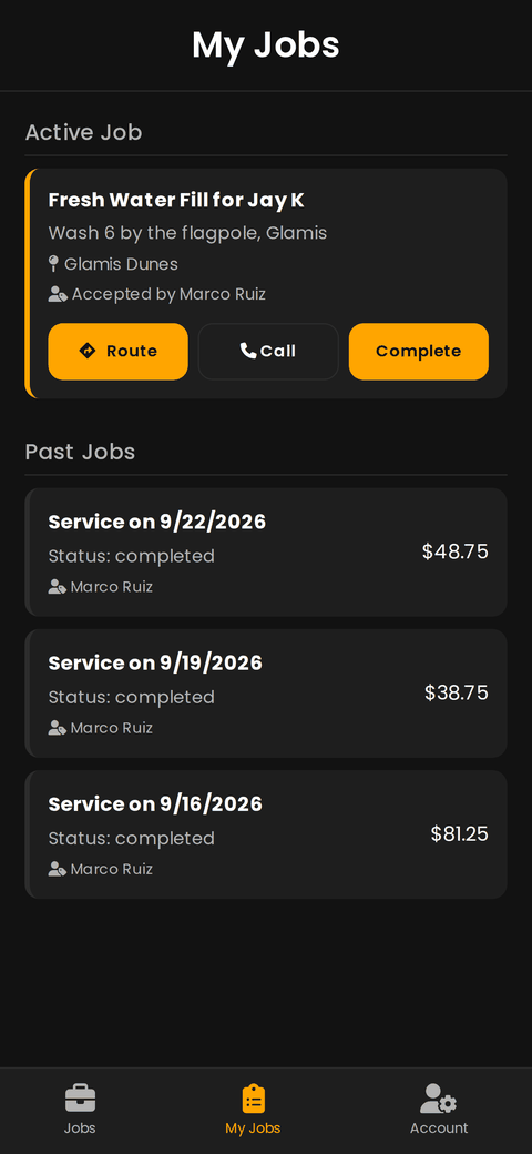 My Jobs — route, call, complete